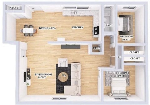 Floor plan for 2 beds, 1 bath, 750 sqft